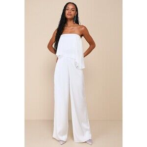 Lulus Sincerely Exceptional White Satin Strapless Two-piece Jumpsuit - Size L